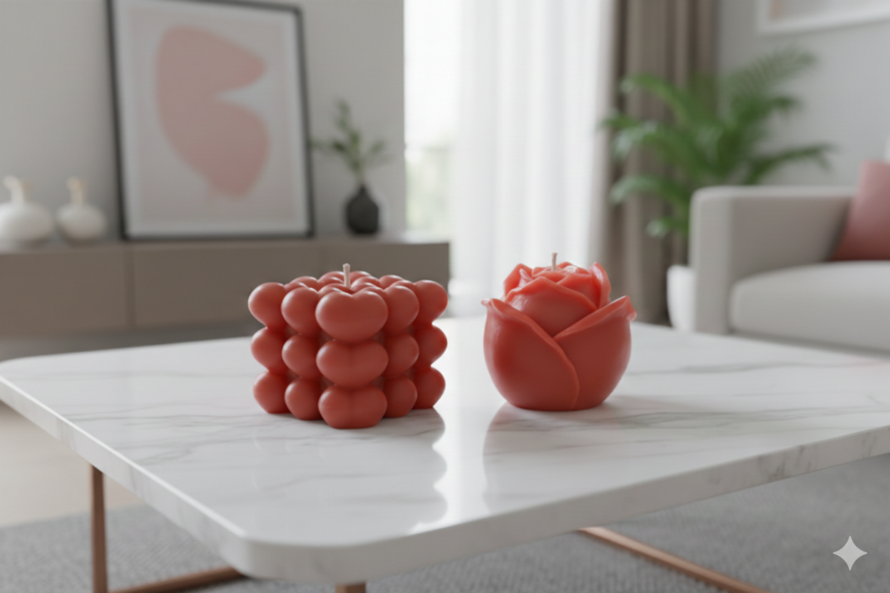 Bubble Heart & Rose Tasarım Dekoratif Mum Seti